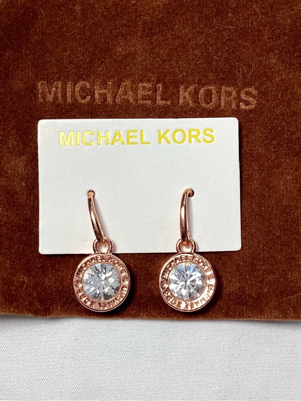 Michael Kors Brilliance Rose Gold Crystal Drop Earrings NWT w/MK Velvet Dust Bag
